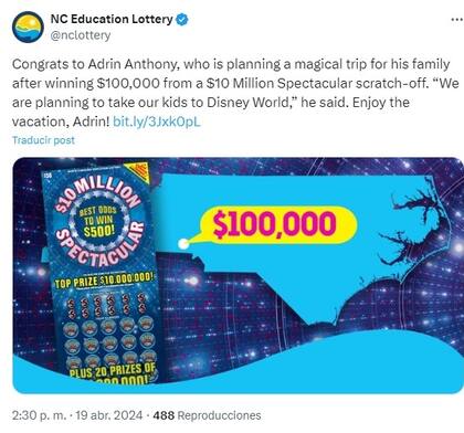 Lotería de Carolina del Norte celebra al ganador de US$100 mil