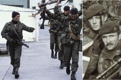 Lou Armour, con los brazos en alto, en la foto del 2 de abril; y en el último día de la guerra, en la casa del gobernador, con la bandera británica