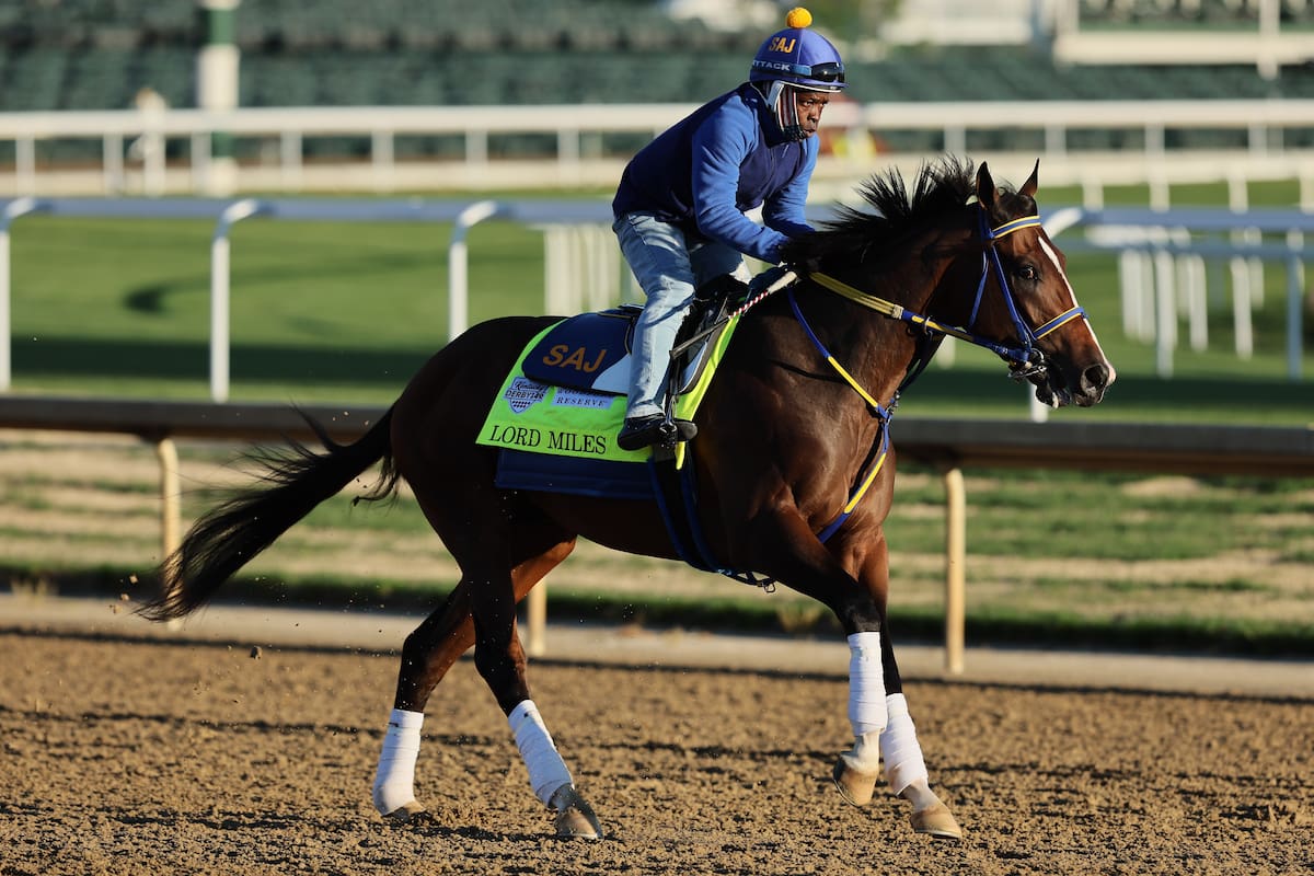 LOUISVILLE, KENTUCKY - MAY 03: Lord Miles runs on the track during the morning training for the Kentucky Derby at Churchill Downs on May 03, 2023 in Louisville, Kentucky. (Photo by Andy Lyons/Getty Images)