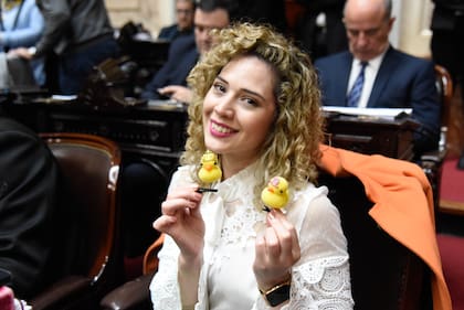 Lourdes "Lolú" Arrieta posa en la Cámara de Diputados con sus patitos Kawaii