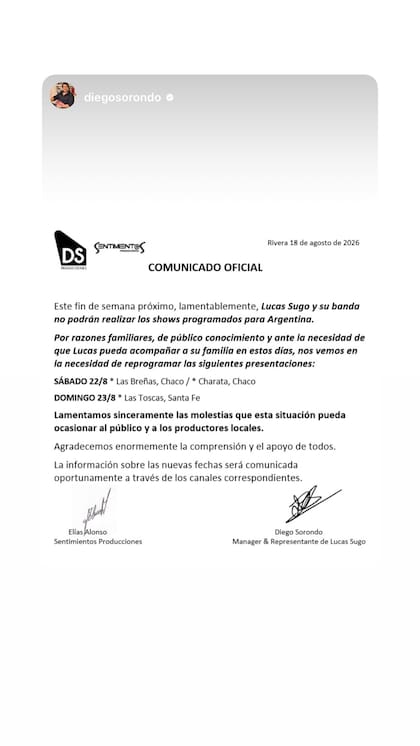Lucas Sugo suspendió sus shows en la Argentina