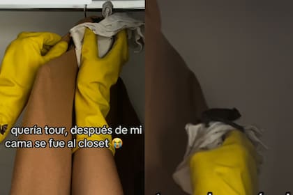Luego de escapar de las sábanas el animal ingresó al clóset y se prendió de un saco. (TikTok @lajumotta)