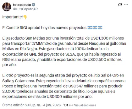 Luis Caputo anunció el jueves pasado la aprobación de dos proyectos RIGI