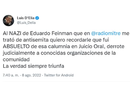 Luis D'Elia le responde a Feinmann en Twitter