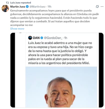 Luis Juez reposteó el mensaje de su hijo Martín (Fuente: X @MartinJuez)