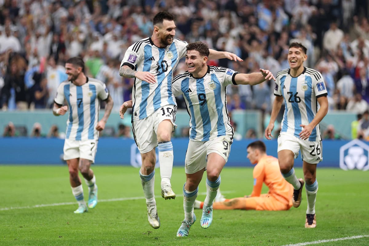 LUSAIL CITY, QATAR - DECEMBER 13: Julian Alvarez of Argentina celebrates after scoring the team's second goal during the FIFA World Cup Qatar 2022 semi final match between Argentina and Croatia at Lusail Stadium on December 13, 2022 in Lusail City, Qatar. (Photo by Richard Heathcote/Getty Images)