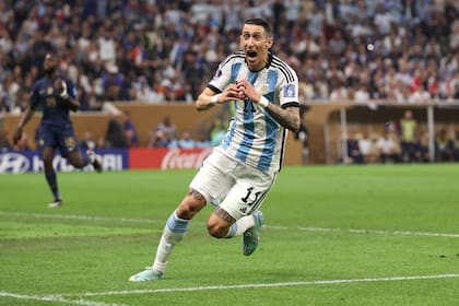 LUSAIL CITY, QATAR - DECEMBER 18: Angel Di Maria of Argentina celebrates after scoring the team's second goal during the FIFA World Cup Qatar 2022 Final match between Argentina and France at Lusail Stadium on December 18, 2022 in Lusail City, Qatar. (Photo by Catherine Ivill/Getty Images)