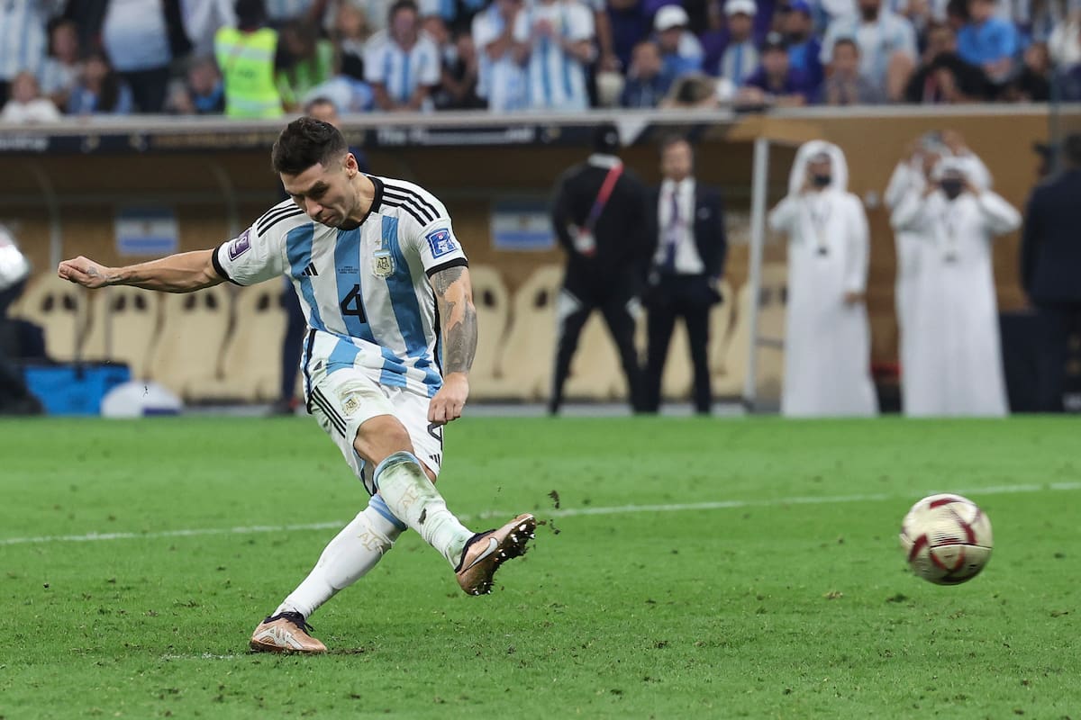 LUSAIL CITY, QATAR - DECEMBER 18: Gonzalo Montiel of Argentina scores the winning penalty to win the World Cup during the FIFA World Cup Qatar 2022 Final match between Argentina and France at Lusail Stadium on December 18, 2022 in Lusail City, Qatar. (Photo by Ian MacNicol/Getty Images)