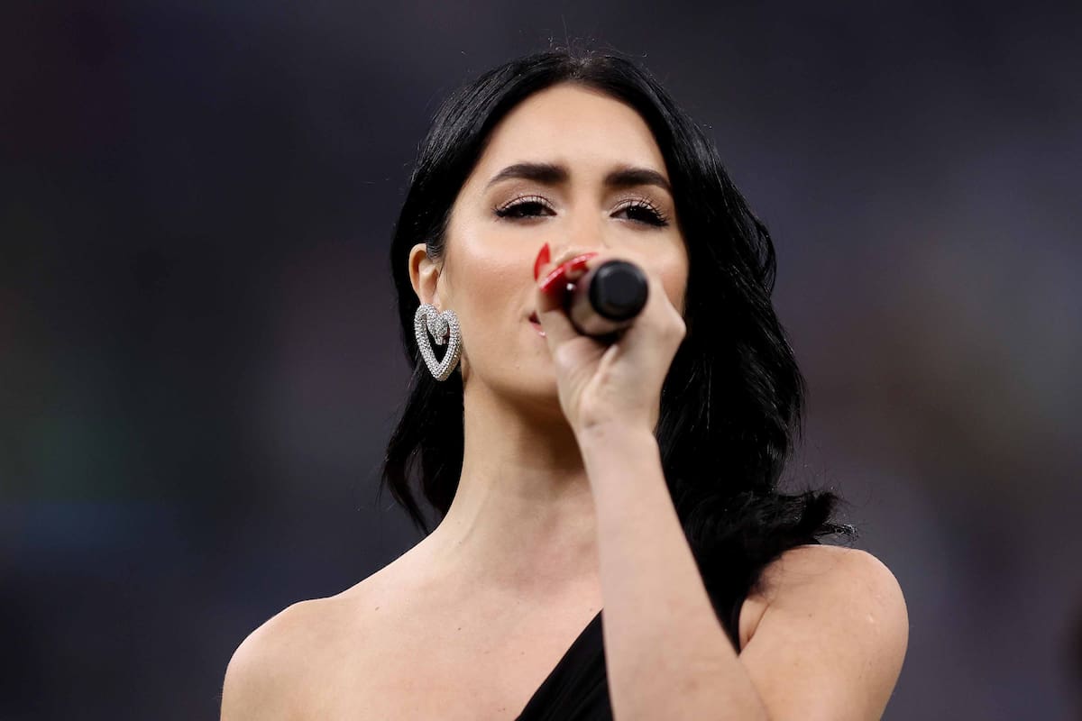 LUSAIL CITY, QATAR - DECEMBER 18: Singer Lali Esposito sings their national anthem prior to the FIFA World Cup Qatar 2022 Final match between Argentina and France at Lusail Stadium on December 18, 2022 in Lusail City, Qatar. (Photo by Julian Finney/Getty Images)