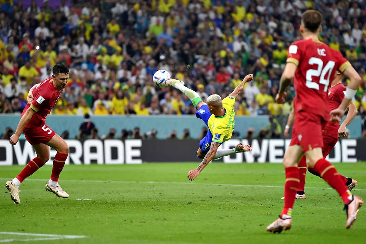 LUSAIL CITY, QATAR - NOVEMBER 24: Richarlison of Brazil scores their team's second goal during the FIFA World Cup Qatar 2022 Group G match between Brazil and Serbia at Lusail Stadium on November 24, 2022 in Lusail City, Qatar. (Photo by Justin Setterfield/Getty Images)