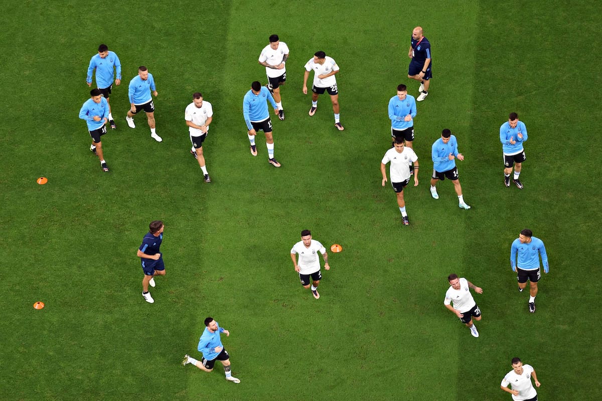 LUSAIL CITY, QATAR - NOVEMBER 26: Argentina players warm up prior to the FIFA World Cup Qatar 2022 Group C match between Argentina and Mexico at Lusail Stadium on November 26, 2022 in Lusail City, Qatar. (Photo by Richard Heathcote/Getty Images)