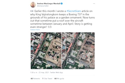 MacGregor Marshall mostró en Twitter las fotos de la aeronave estacionada en el jardín del Palacio Amphorn Sathan