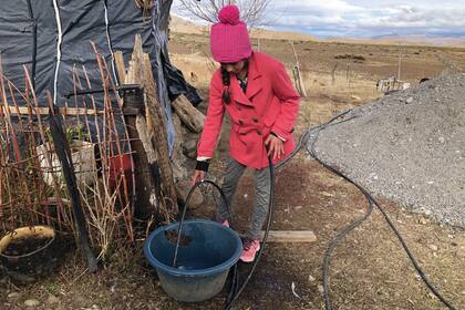 Maciela llena el balde de agua para darle de tomar a las chivas guachas; la familia necesita un tanque australiano para almacenar la poca agua que les llega de una vertiente