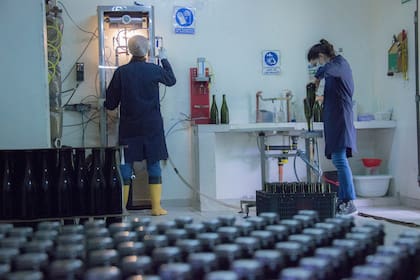Madre e hija realizan las tareas en la planta de sidra