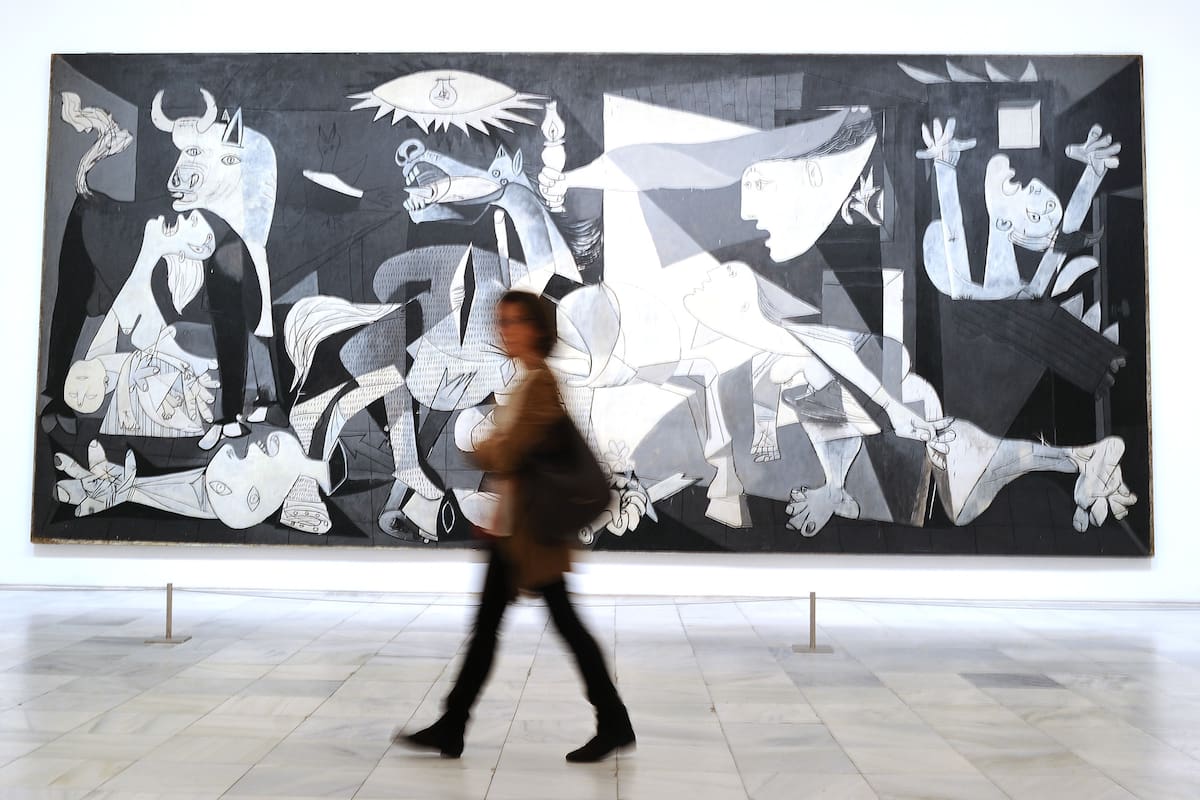 MADRID, SPAIN - APRIL 03: View of Pablo Picasso's Guernica painting during the presentation to members of the press of the exhibition ''Pity and Terror in Picasso: The Path to Guernica'' at the Museo Reina Sofia on April 3, 2017 in Madrid, Spain. The exhibition will celebrate the the 80th anniversary of Pablo Picasso's famous Guernica painting along with 150 masterpieces by the artist from the Reina Sofia's own collection, and others from over 30 institutions around the world, including the Musee Picasso and Centre Georges Pompidou in Paris, the Tate Modern in London, the MoMA and the Metropolitan Museum of Art in New York, and the Beyeler Foundation in Basel. (Photo by Denis Doyle/Getty Images)