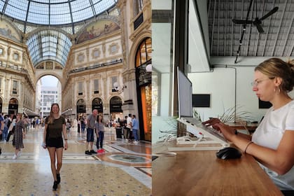 Magali Bejar visitando Roma y trabajando en Bali. "En 2021 cuando pude volver a viajar después de la pandemia fue rarísimo porque se necesitaban permisos para entrar a todas partes y mis vacunas de Argentina no eran aceptadas internacionalmente.".