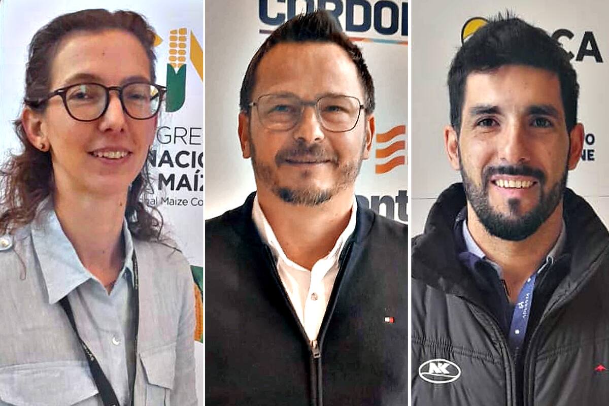 Magalí Nico, gerenta de Producto Maíz de Syngenta Semillas, Darío Oleszczuk, representante técnico de maíz en el NEA de Bayer, y Andrés Caggiano, gerente de Desarrollo de Producto de NK