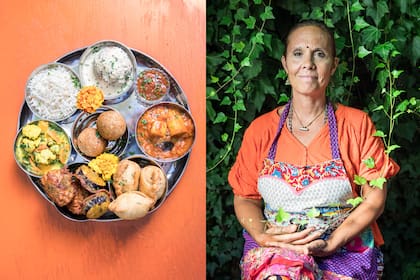 Maha thali, combinación de manjares indios que incluye curry de vegetales, chapatis, arroz basmati, samosas y panir. Daksha Devi, artífice de estos sabores.