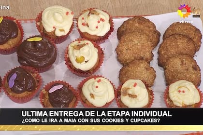 Maia presentó al jurado de Mauricio Asta, Christian Petersen y Felicitas Pizarro unos cupcakes rellenos de frutos rojos y chocolate, además de galletitas de avena