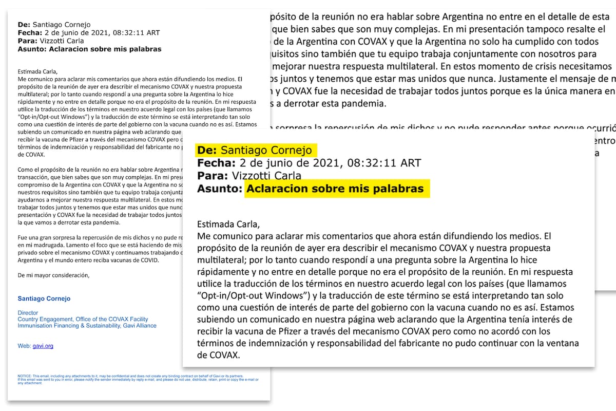 Mail de Santiago Cornejo a Carla Vizotti