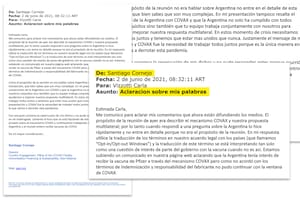 Mail de Santiago Cornejo a Carla Vizotti