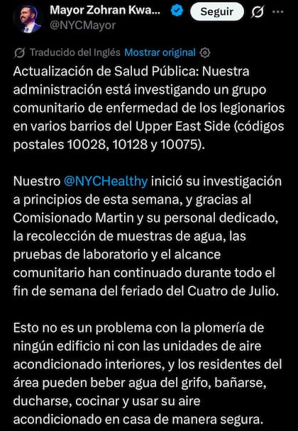 Mamdani alertó sobre la enfermedad de los legionarios en su cuenta de X