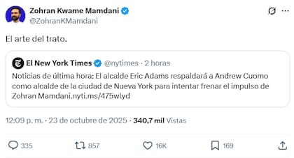 Mamdani fue de los primeros en reaccionar a la alianza entre Cuomo y Adams