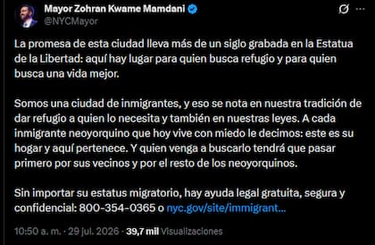 Mamdani mostró su apoyo a la comunidad migrante en redes sociales