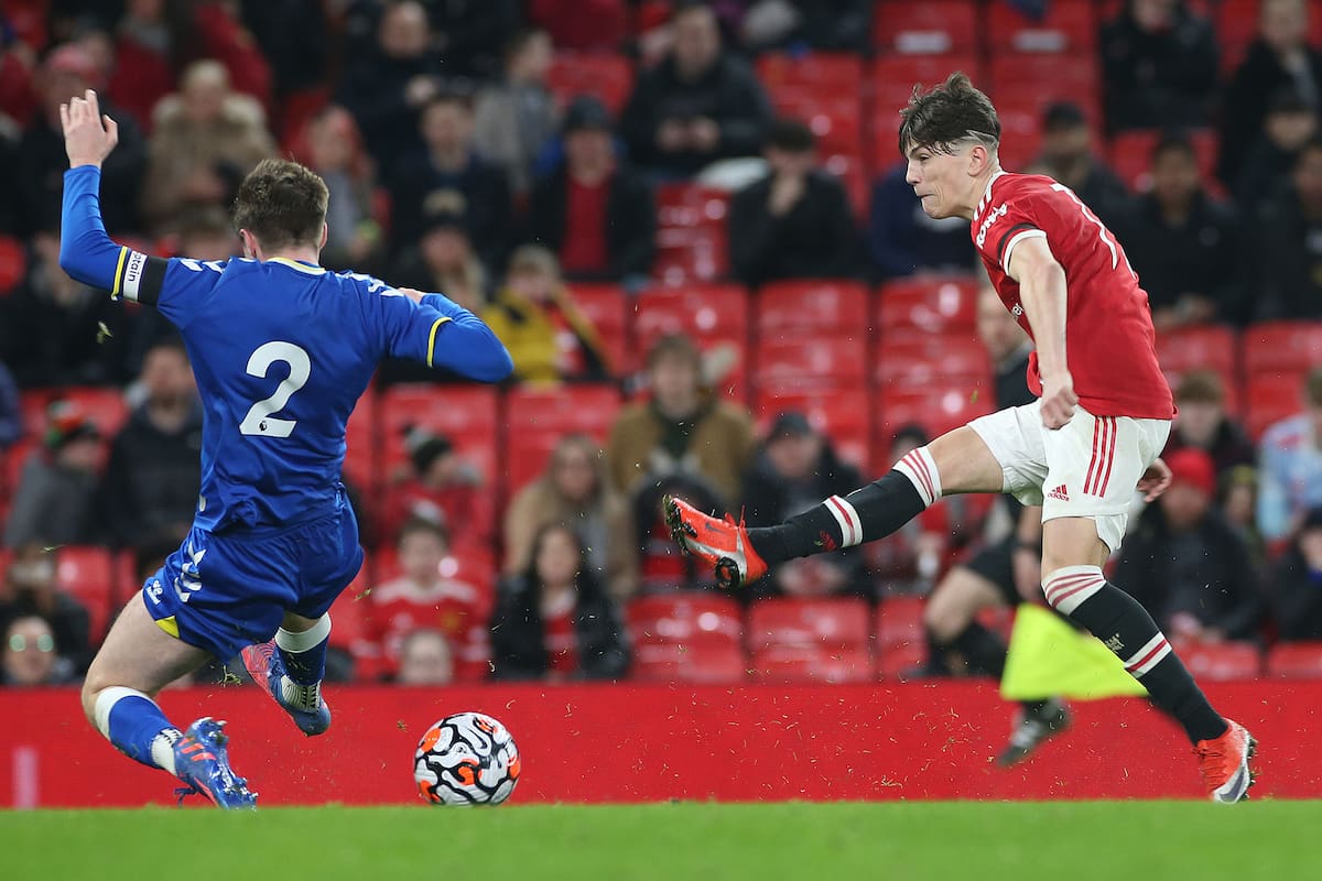 MANCHESTER, ENGLAND - FEBRUARY 09: Alejandro Garnacho of Manchester United U18s in action during the FA Youth Cup match between Manchester United U18s and Everton U18s at Old Trafford on February 09, 2022 in Manchester, England. (Photo by John Peters/Manchester United via Getty Images)