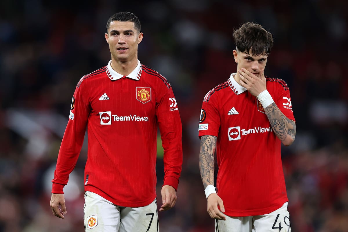 MANCHESTER, ENGLAND - OCTOBER 27: Cristiano Ronaldo and Alejandro Garnacho Ferreyra of Manchester United look on after their sides victory during the UEFA Europa League group E match between Manchester United and Sheriff Tiraspol at Old Trafford on October 27, 2022 in Manchester, England. (Photo by Naomi Baker/Getty Images)