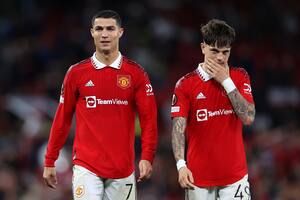 MANCHESTER, ENGLAND - OCTOBER 27: Cristiano Ronaldo and Alejandro Garnacho Ferreyra of Manchester United look on after their sides victory during the UEFA Europa League group E match between Manchester United and Sheriff Tiraspol at Old Trafford on October 27, 2022 in Manchester, England. (Photo by Naomi Baker/Getty Images)