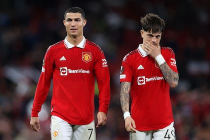 MANCHESTER, ENGLAND - OCTOBER 27: Cristiano Ronaldo and Alejandro Garnacho Ferreyra of Manchester United look on after their sides victory during the UEFA Europa League group E match between Manchester United and Sheriff Tiraspol at Old Trafford on October 27, 2022 in Manchester, England. (Photo by Naomi Baker/Getty Images)