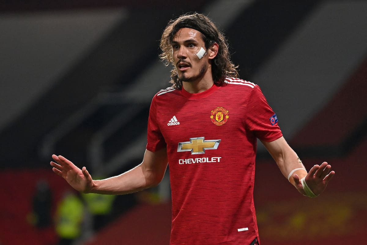 Manchester United's Uruguayan striker Edinson Cavani gestures during the UEFA Europa League semi-final, first leg football match between Manchester United and Roma at Old Trafford stadium in Manchester, north west England, on April 29, 2021. (Photo by Paul ELLIS / AFP)