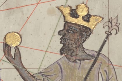 Mansa Musa I representado con corona y moneda de oro en el Atlas catalán o Mapamundi de los Cresques