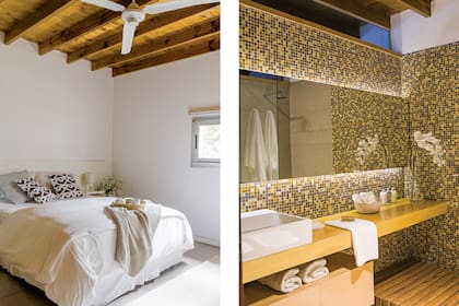 Manta rayada, alfombra de lana cruda (Elementos Argentinos). Bacha con desagüe oculto (Roca) y espejo retroiluminado. Sobre el mueble enchapado en guatambú laqueado (Estudio 5 A), dispensers y toallas (Claudia Adorno).
