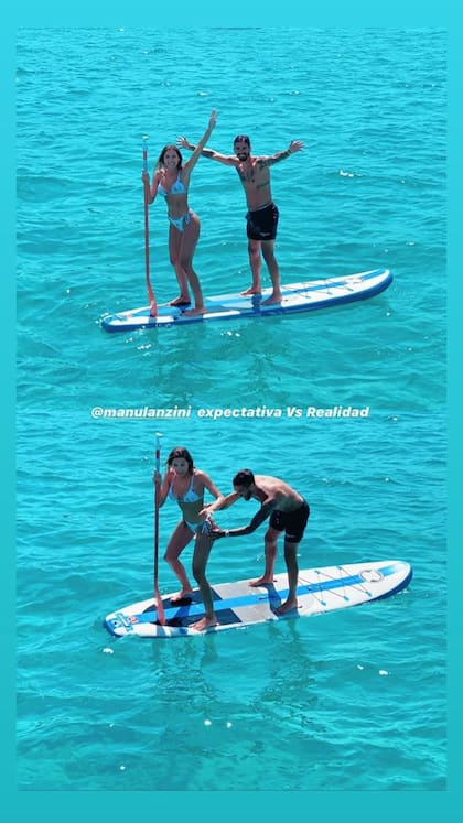 Manu Lanzini y su novia haciendo paddle surf.