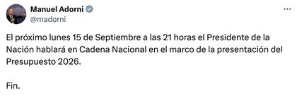 Manuel Adorni anunció el horario de la cadena nacional, con el fin de comunicar el Presupuesto 2026