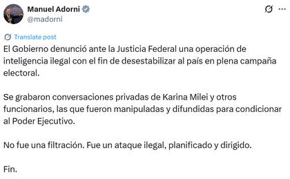 Manuel Adorni anunció la denuncia del Gobierno ante la Justicia por una supuesta operación de inteligencia ilegal (Fuente: X @madorni)