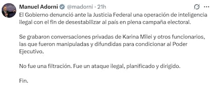 Manuel Adorni sostiene que se grabaron conversaciones privadas de Karina Milei y otros funcionarios (Fuente: X @madorni)