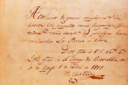 Manuscrito de la carta que el mismo San Martín dirigió a Bernardo OHiggins por la Batalla de Maipú