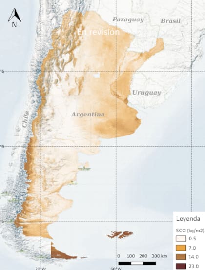 Mapa con kilos de carbono por metro cuadrado de suelo. Fuente: grupo de cartografía y evaluación de tierras del INTA Castelar
