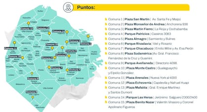 Mapa con la ubicación de las 15 plazas y parques donde se llevará a cabo la jornada informativa sobre el nuevo diseño curricular este sábado 22 de febrero
