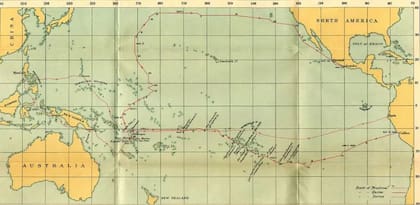 Mapa con las rutas de Mendaña y Quirós en 1595-1596, Queirós en 1605-1606 y Torres en 1606. Del "Los viajes de Pedro Fernández de Quirós de Queirós" de Clements Markham