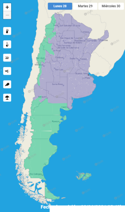 Mapa con los territorios bajo advertencia violeta por bajas temperaturas