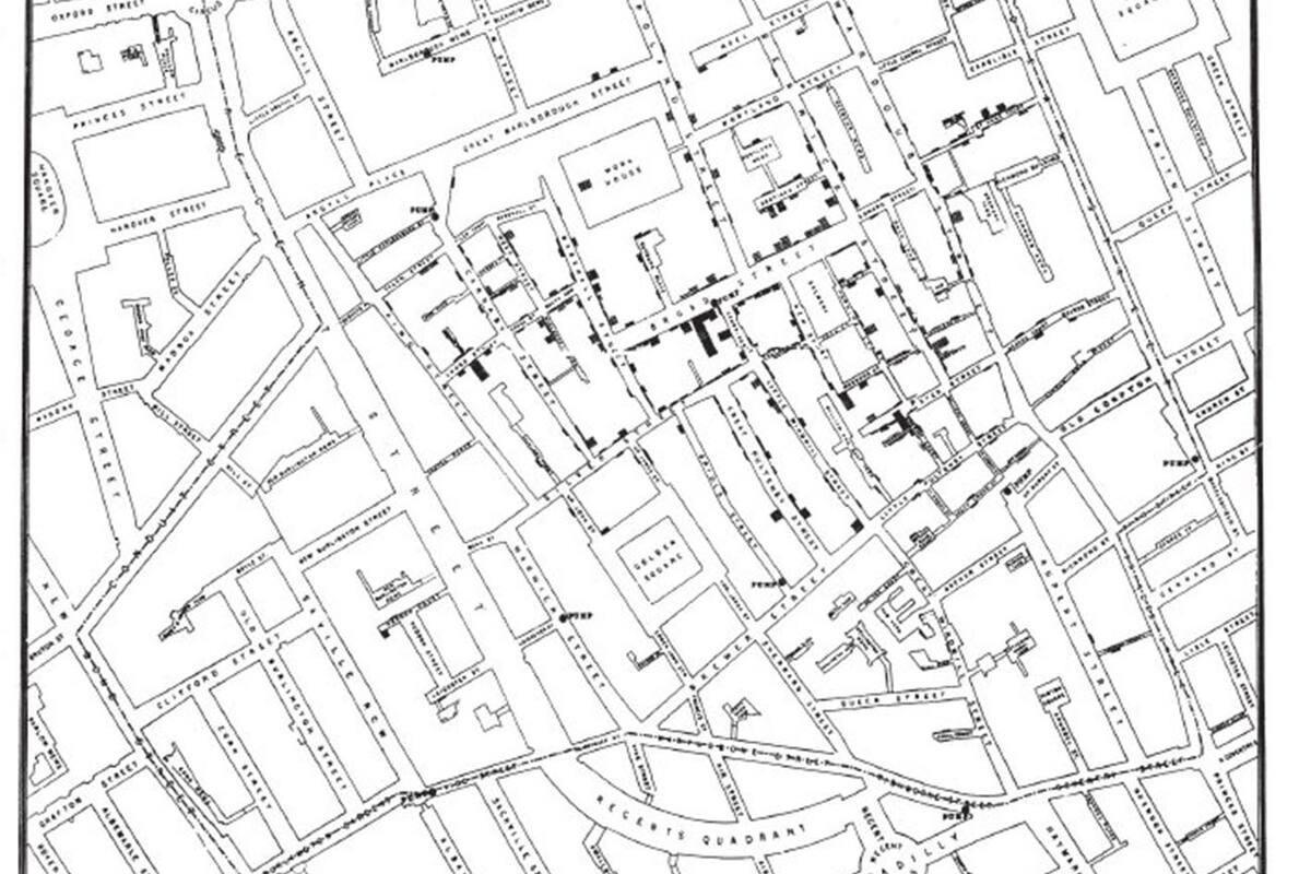 Mapa creado por Sir John Snow de la epidemia de cólera de 1854.