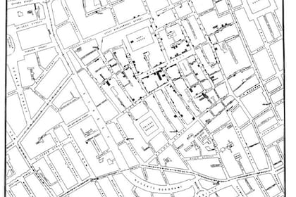 Mapa creado por Sir John Snow de la epidemia de cólera de 1854.