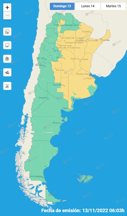 Mapa de alertas para este domingo 13 de noviembre