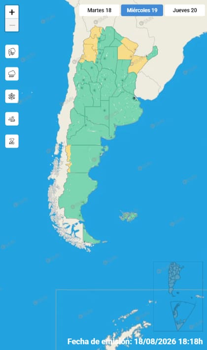 Mapa de alertas para este miércoles 19 de agosto