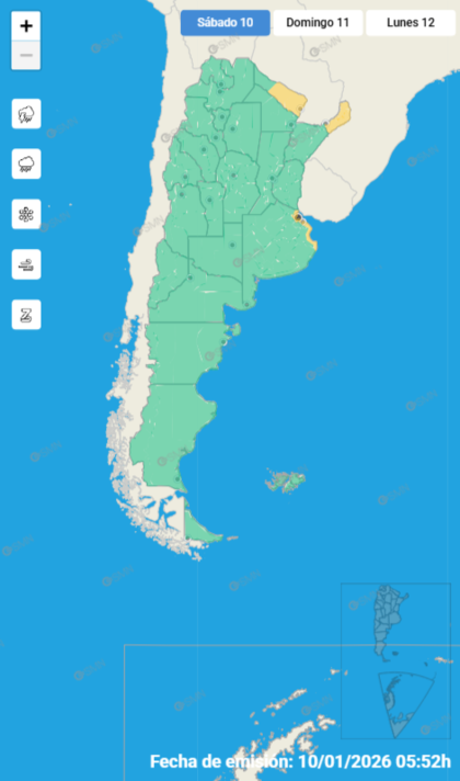 Mapa de alertas para este sábado 10 de enero.