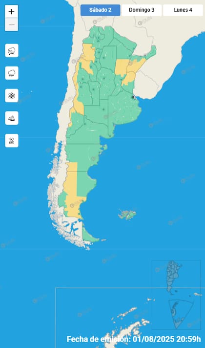 Mapa de alertas para este sábado 2 de agosto.